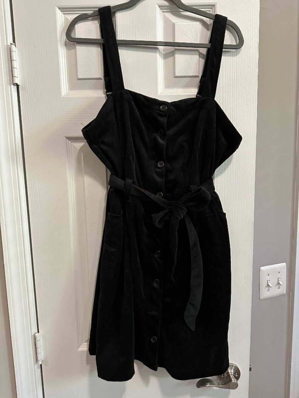 Black Corduroy Pinafore Dress - Button Front